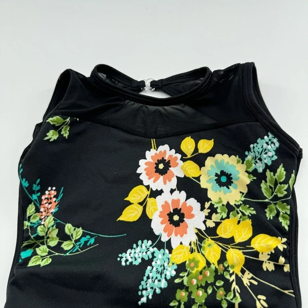 Chelsea B Dance Bodysuit – Child XS, Black w/ Floral Print, Mesh Neckline & Open